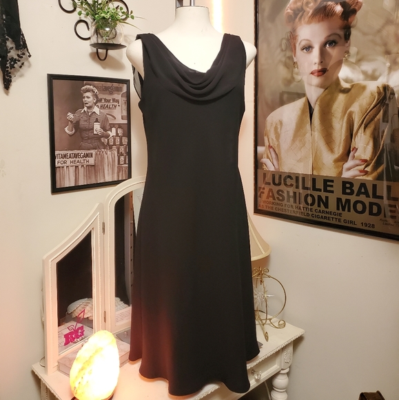 SL Fashions Dresses & Skirts - SL. Fashions black midi dress chiffon shoulder drape